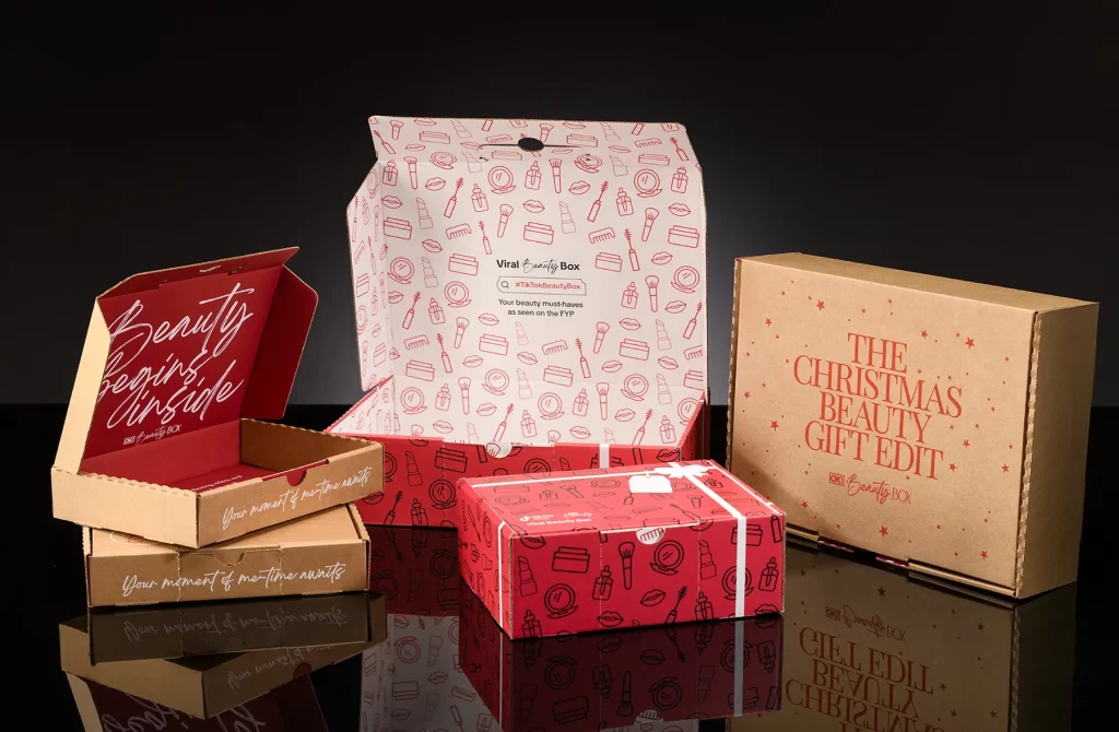 OK! Beauty Box empty ecommerce packaging including subscription box, Christmas box and TikTok box