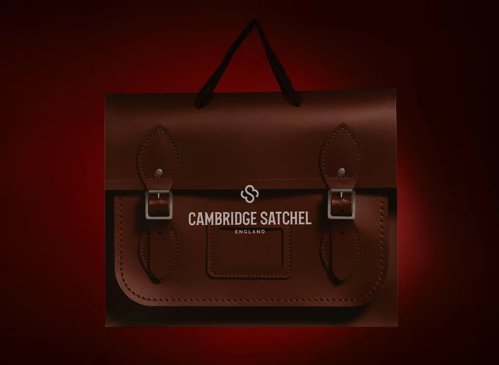 Cambridge Satchel branded retail bag packaging — Made by Classic