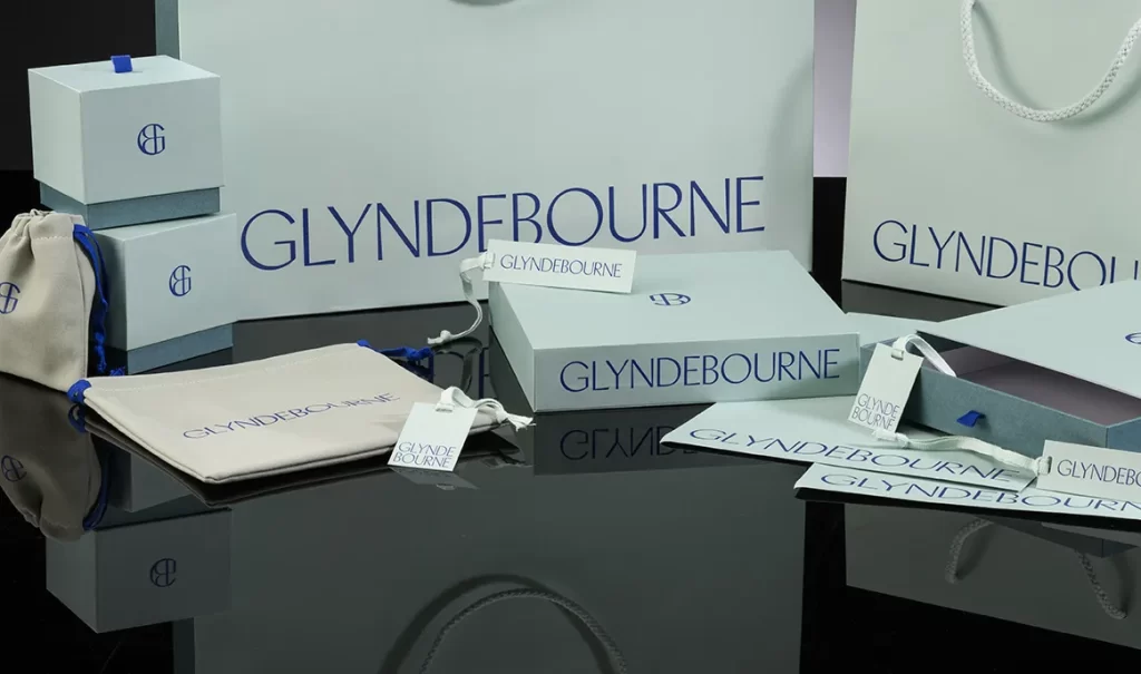 Glyndebourne jewellery accessories packaging with labels, swing tags and ribbon — Made by Classic